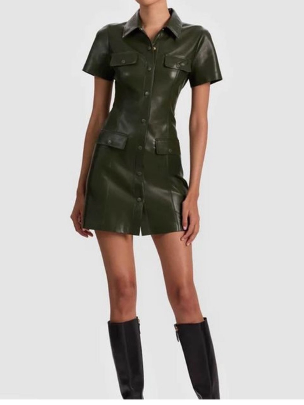 Alice + Olivia Olive Green Faux Leather Button-Front Mini Dress